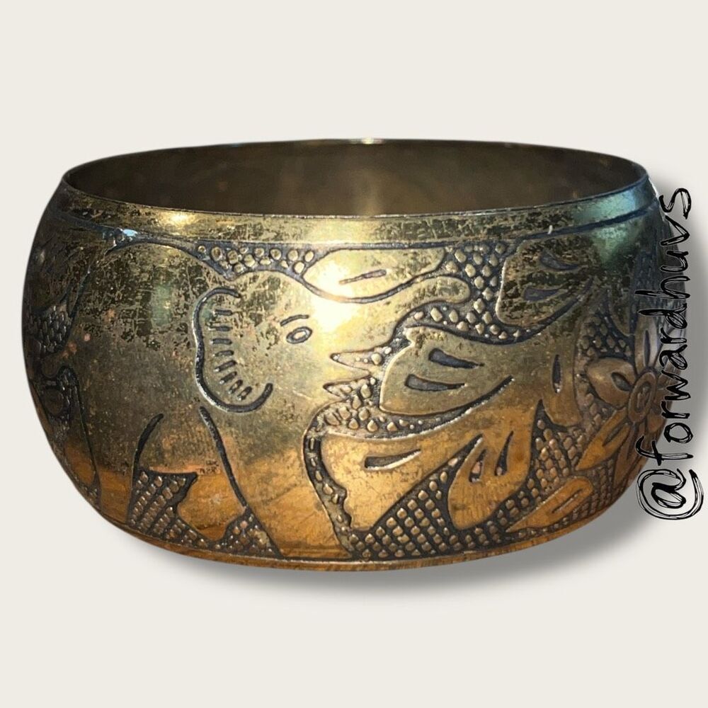 Brass Vintage Bangle Bracelet – Etched Lucky Elephant Motif  7¼” Diameter